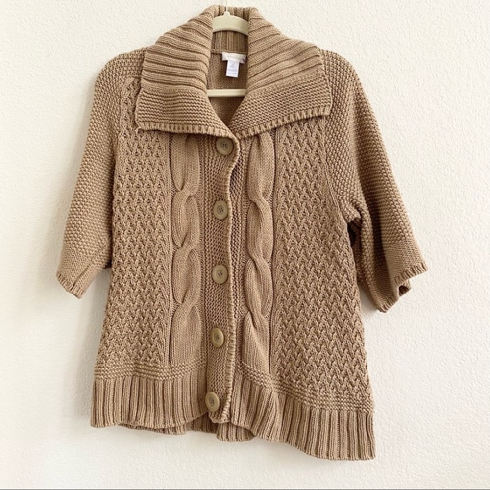 Chicos‎ Womens Tan Cable Chunky Knit Cardigan SZ 2 (Large) Sweater Top